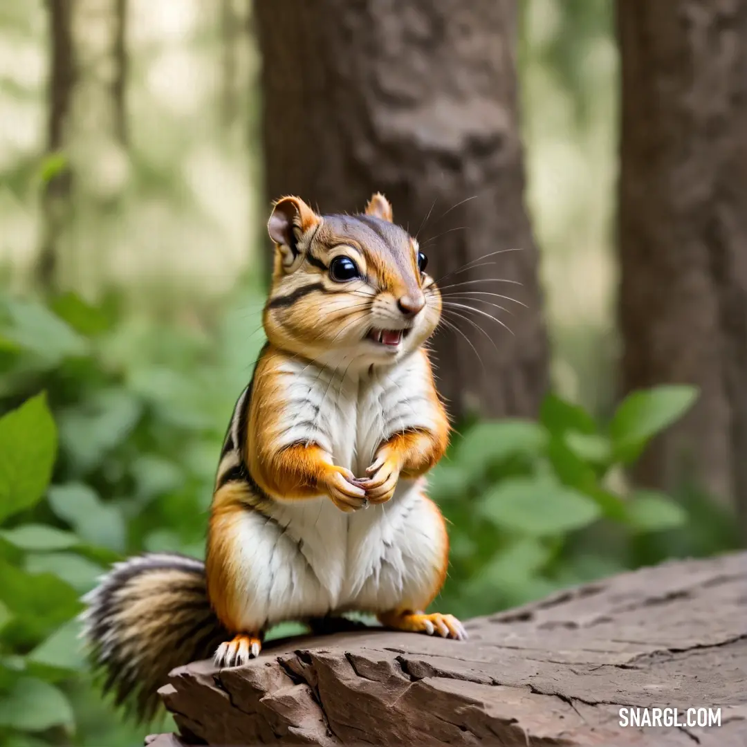 Small squirrel on a rock in the woods with its paws on its chest and mouth open