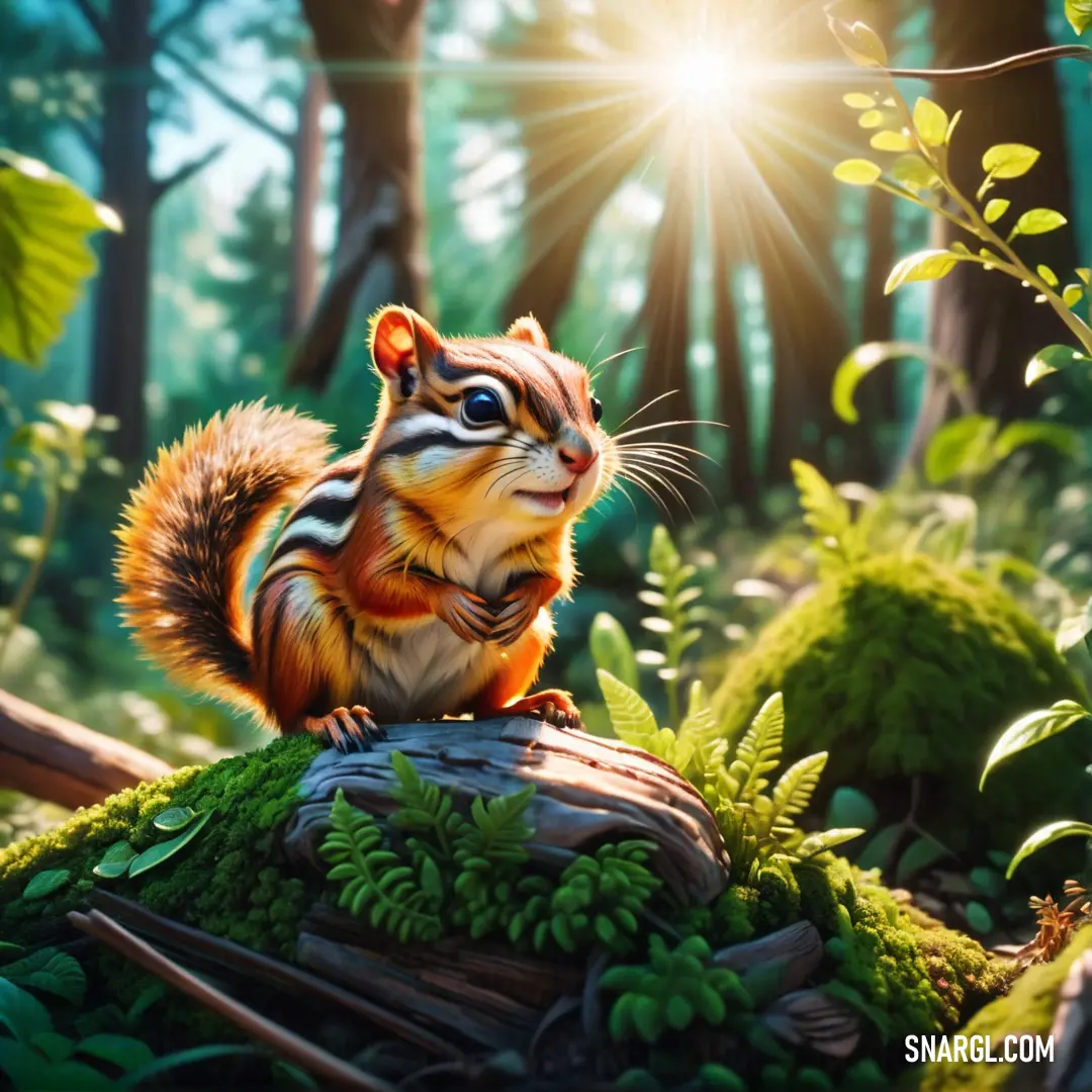 Squirrel is on a log in the woods with sun shining through the trees and grass on the ground