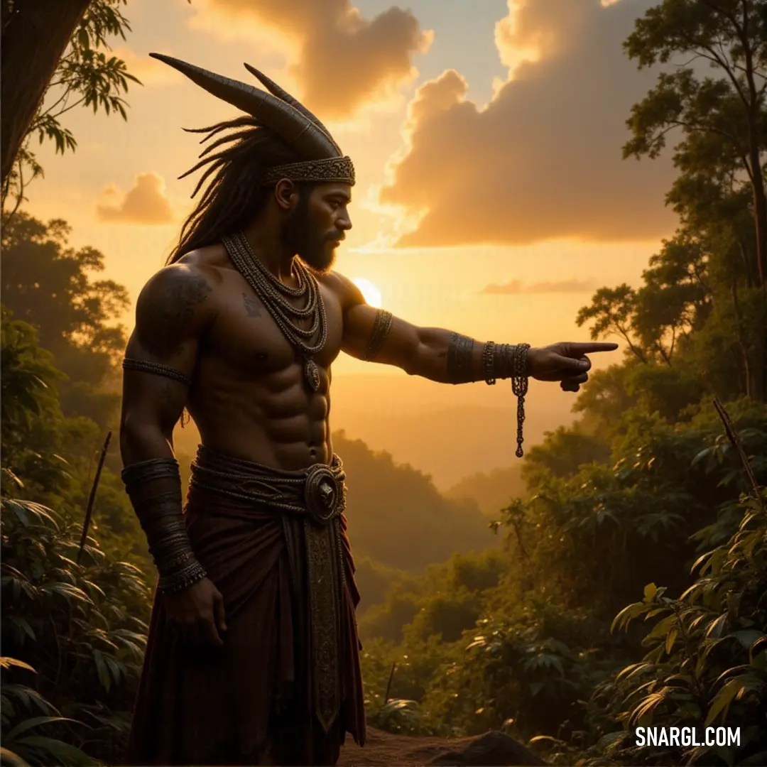 Chiron, sword in hand, stands amid the jungle, the setting sun casting a fiery glow over his powerful figure as towering trees surround him. Chiron, the formidable warrior, stands tall in a lush jungle, sword in hand, as the sun sets behind him. His silhouette contrasts against the golden sky, with thick trees and vines framing the scene like guardians of the jungle.