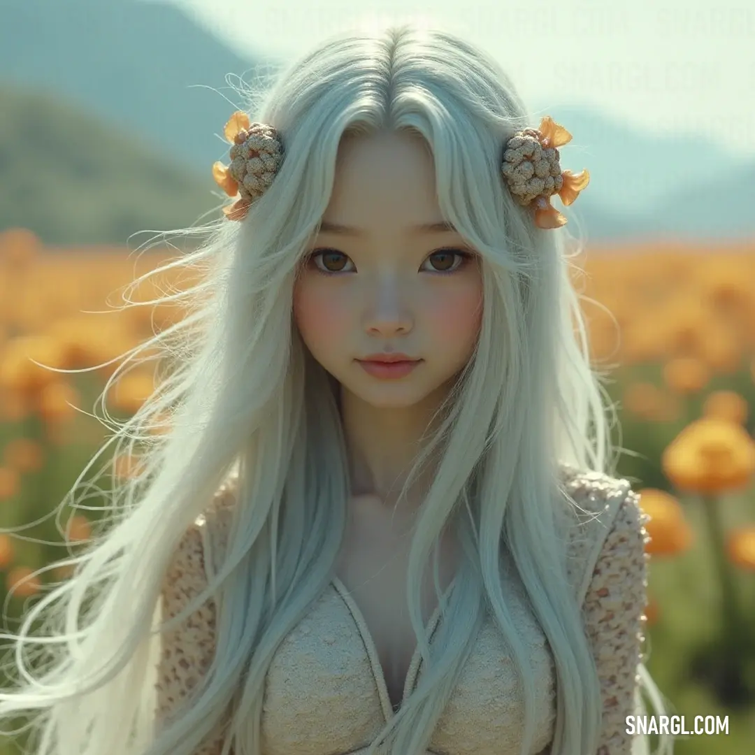 A tranquil scene featuring a figure with long white hair entwined with flowers, embodying grace and serenity in nature's embrace. A serene figure with cascading long white hair adorned with delicate flowers, standing gracefully in an ethereal landscape, exuding tranquility amidst vibrant natural elements.