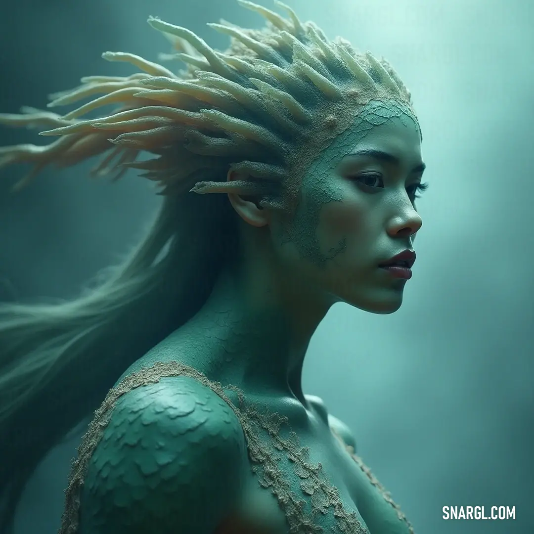 A mesmerizing figure with wind-swept hair and iridescent body paint, poised elegantly by the water's edge, embodying a connection to the wild. A captivating silhouette stands in a shimmering body of water, with long hair billowing in the wind and emerald body paint reflecting the essence of nature's beauty.