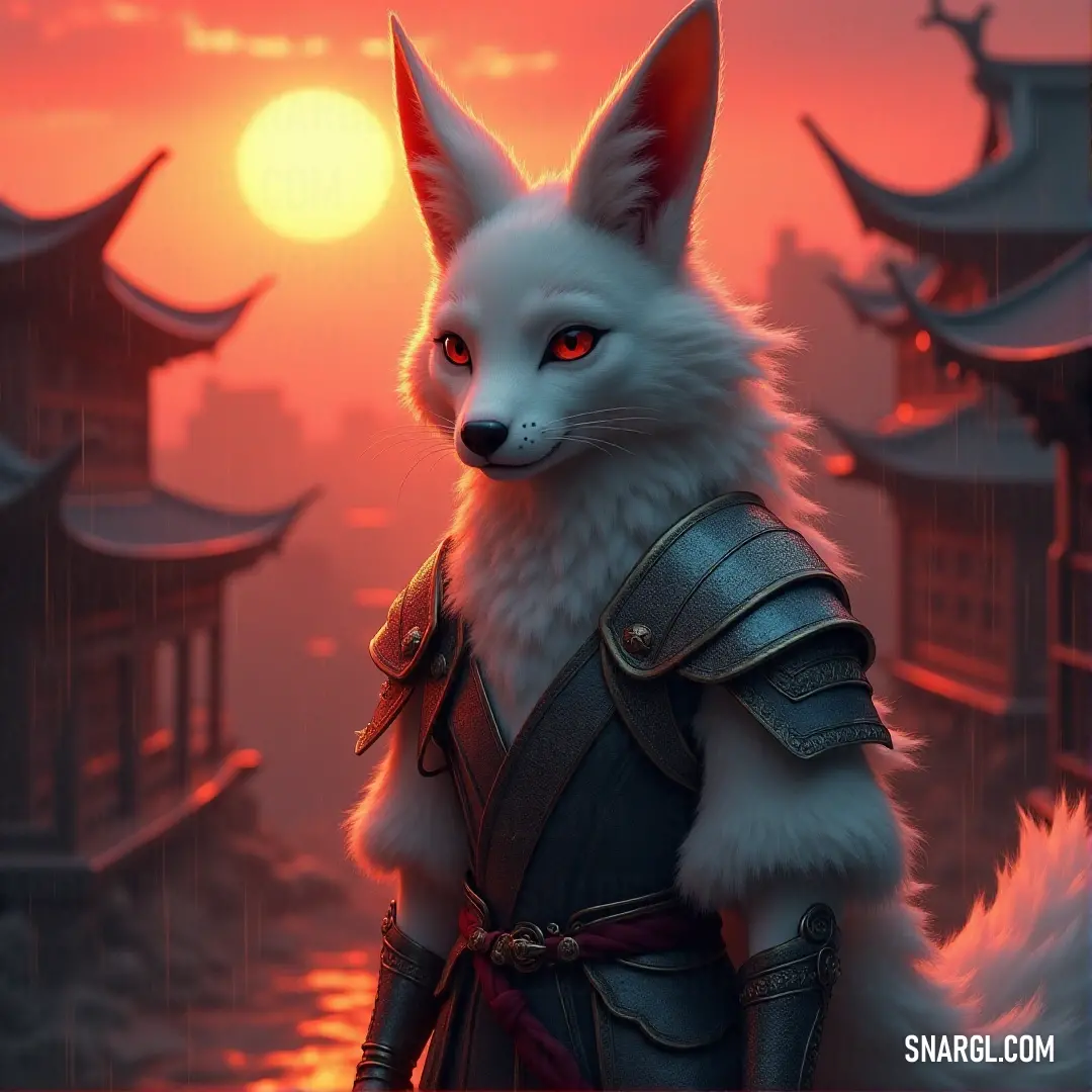 A white fox with red eyes stands against a stunning sunset, the cityscape below adding a blend of natural and urban wonder. A white fox with glowing red eyes stands in silhouette against the backdrop of a vibrant sunset. The city’s distant skyline adds a touch of mystery and awe to this mystical creature's appearance.