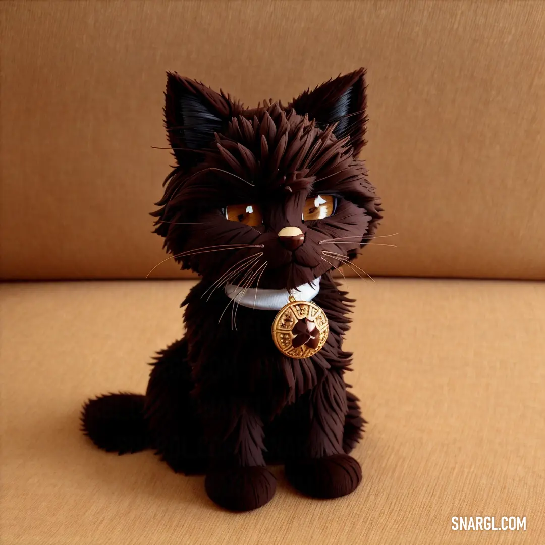 Black cat with a collar and a tag on it's collar on a couch with a tan background