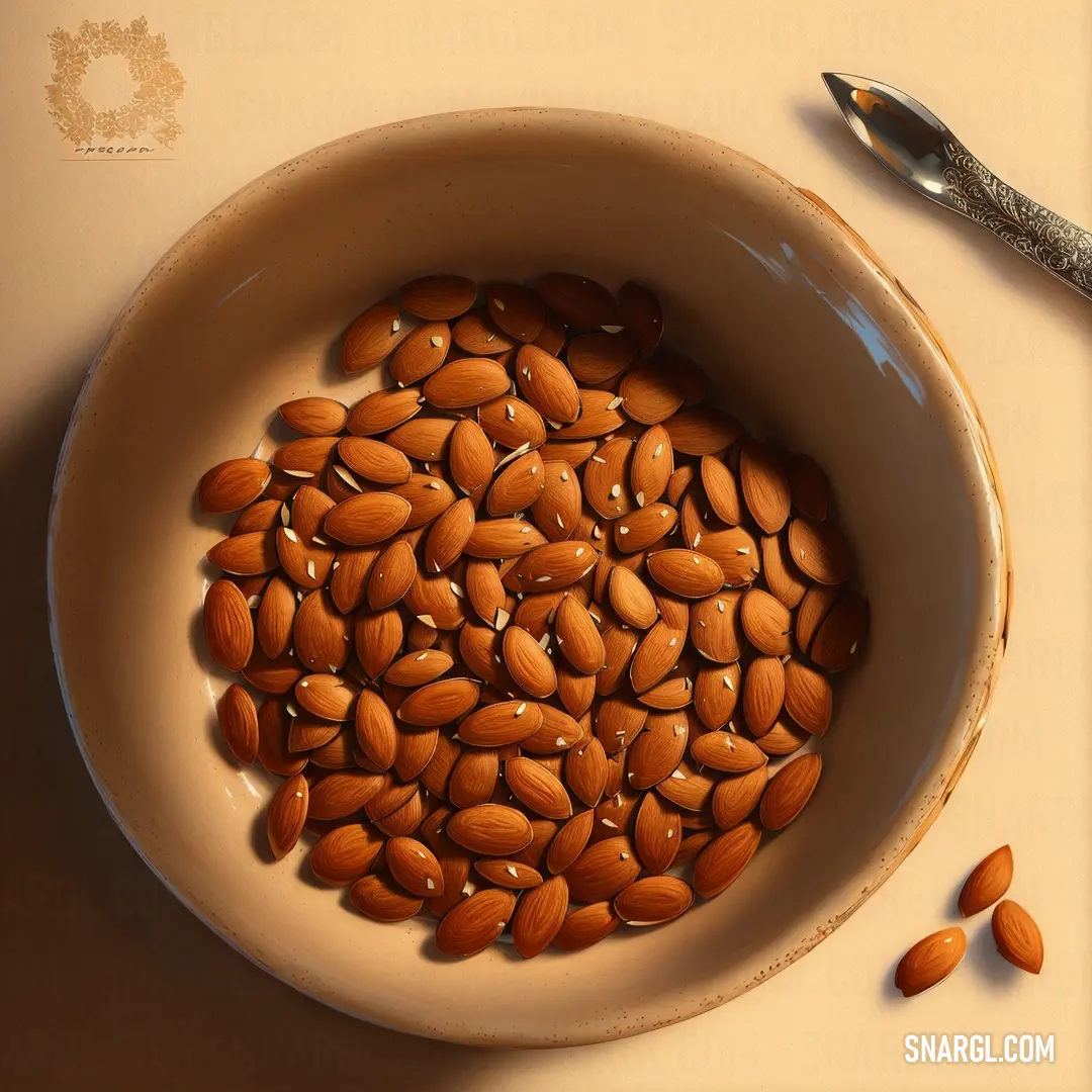 Bowl of almonds with a spoon on a table next to it