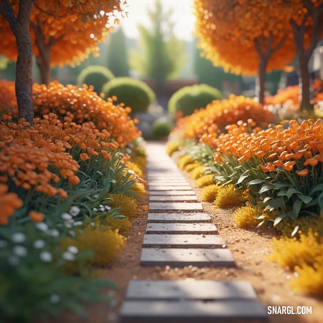Pathway lined with orange and white flowers and trees in the background. Color CMYK 0,50,86,18.