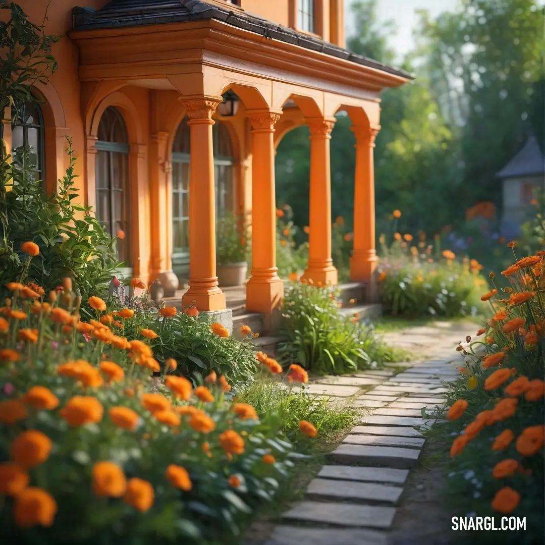House with a walkway between two buildings with orange flowers growing on the side of it. Example of CMYK 0,50,86,18 color.