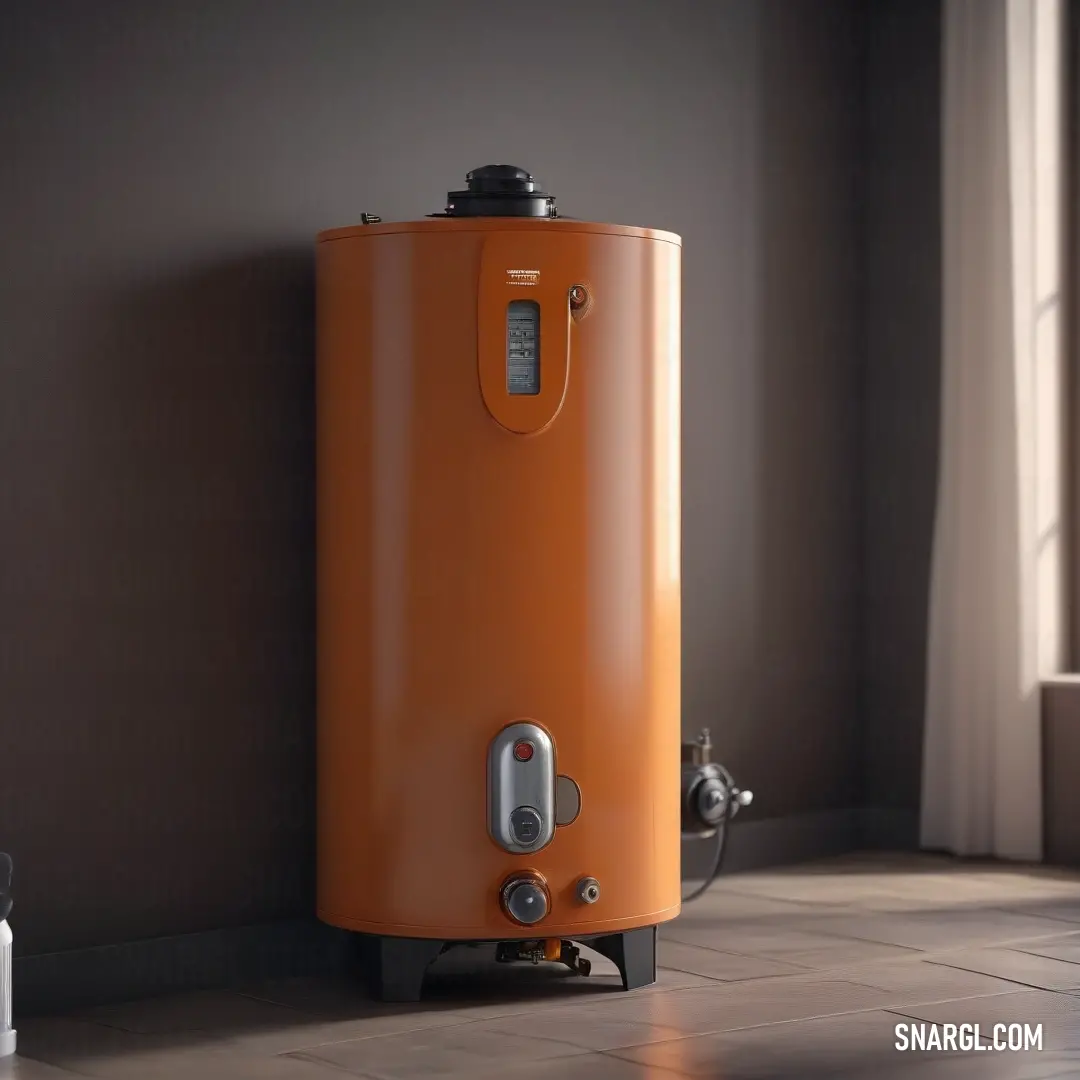 Chocolate color example: Large orange tank on top of a tiled floor next to a window