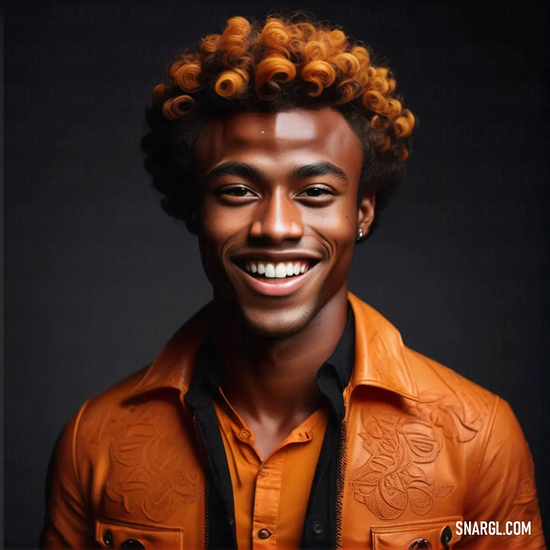 Man with curly hair smiling for a picture in a leather jacket with a black shirt on. Example of #D2691E color.