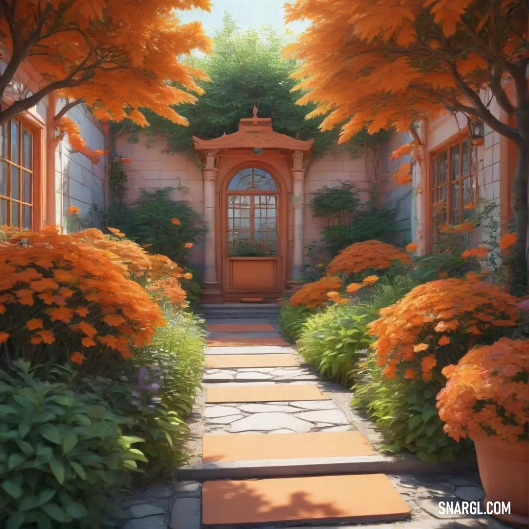 Painting of a garden with orange flowers and a gate and steps leading to a door with a window. Example of Chocolate color.