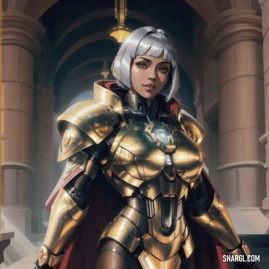 Woman in a gold armor standing in a building with a sword in her hand and a helmet on
