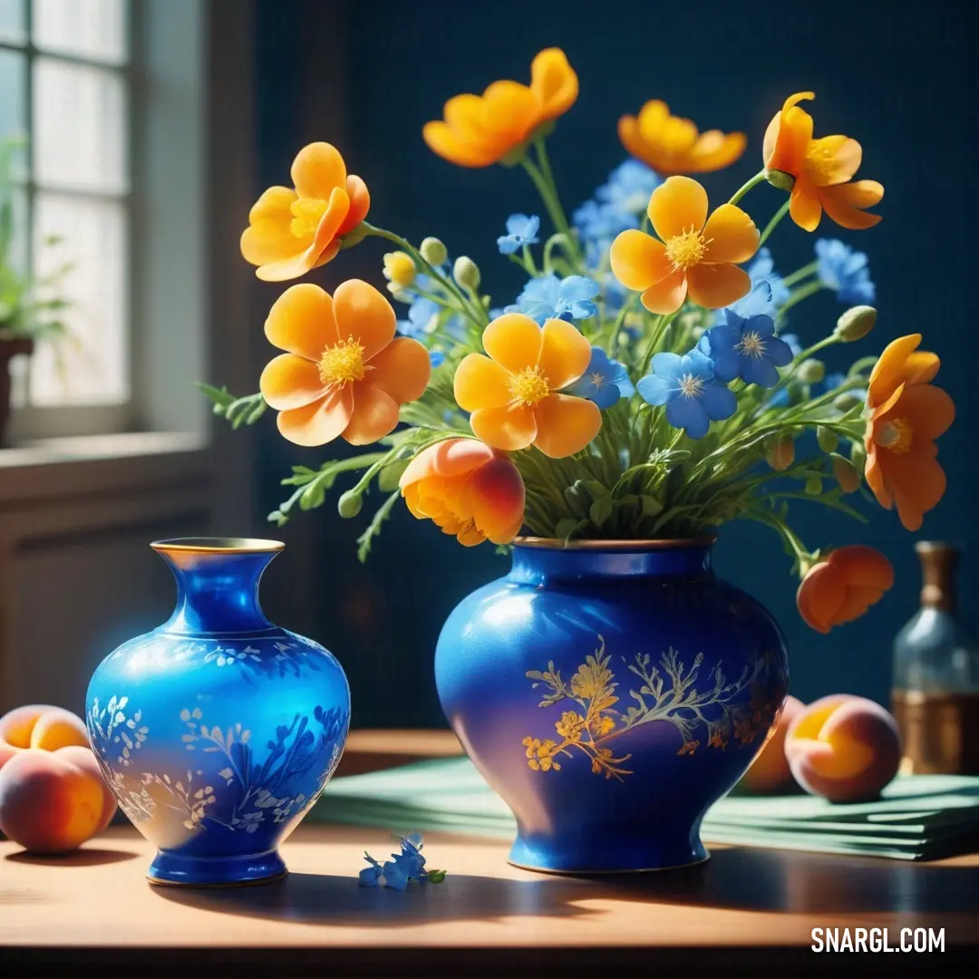 Chrome yellow color example: Blue vase with yellow flowers and blue and white vases on a table with other vases and fruit