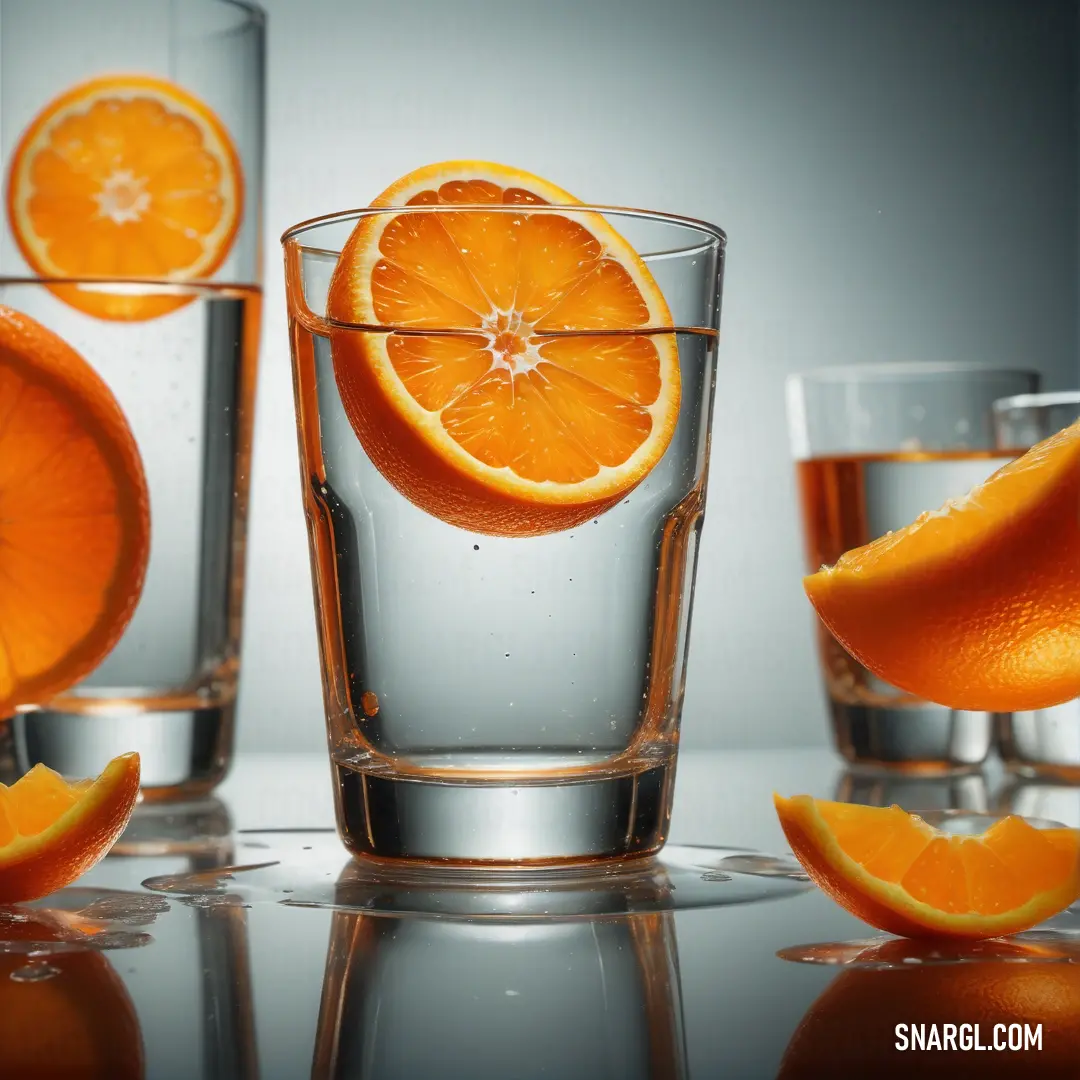 Glass of water with orange slices in it and a half of an orange in the glass. Color #FFA700.