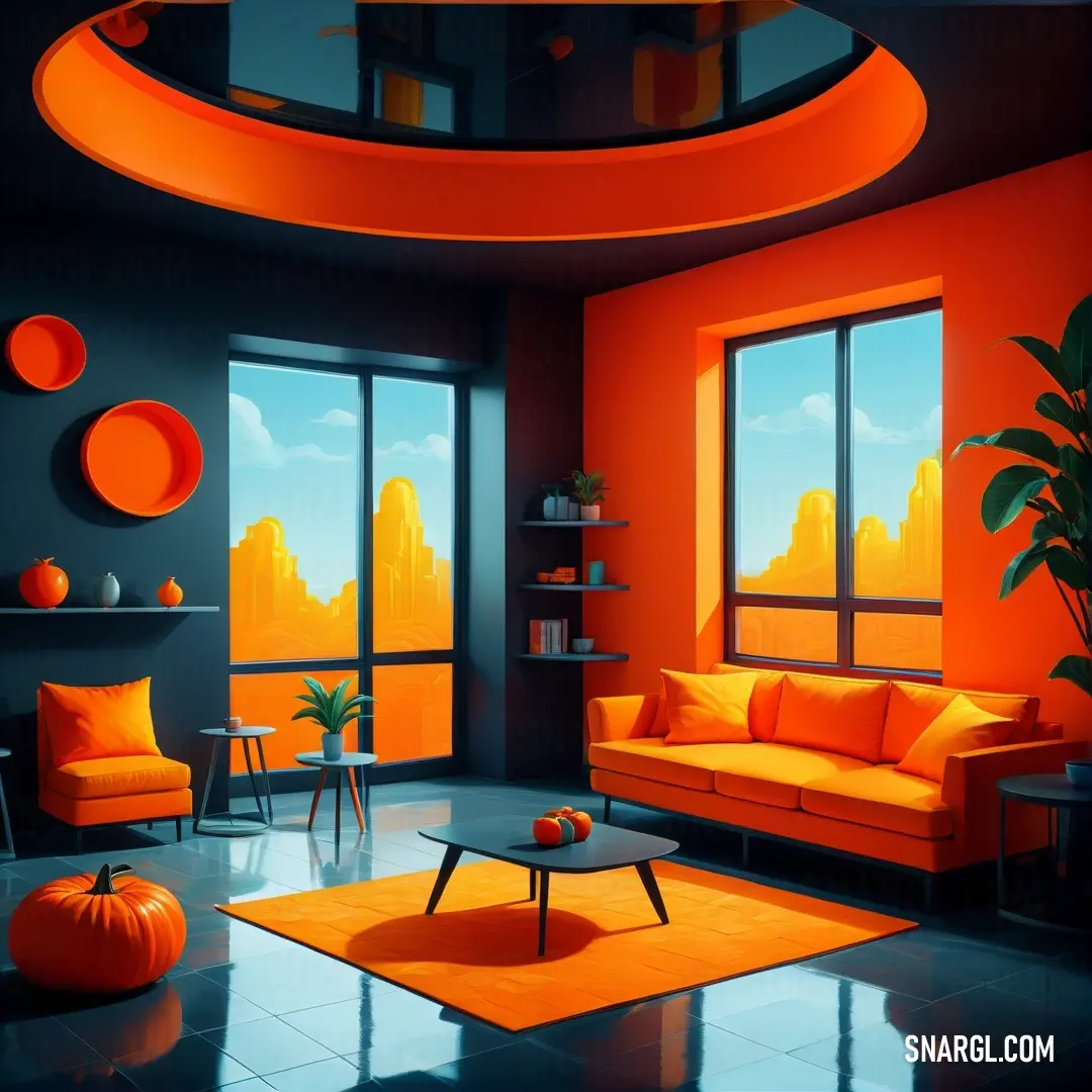 Living room with orange furniture and a large window overlooking the city skyline in the distance. Example of Chrome yellow color.