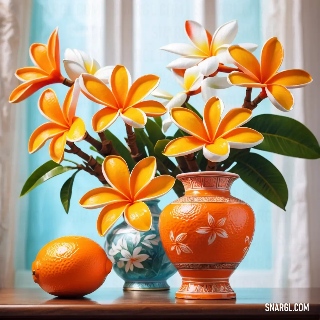 Chrome yellow color example: Vase with flowers and an orange on a table with a window behind it and a blue vase