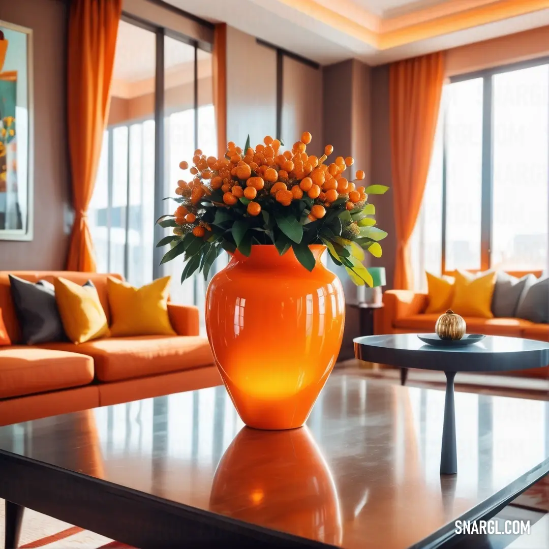 Vase with flowers on a table in a living room with orange curtains and a couch in the background. Color Chrome yellow.