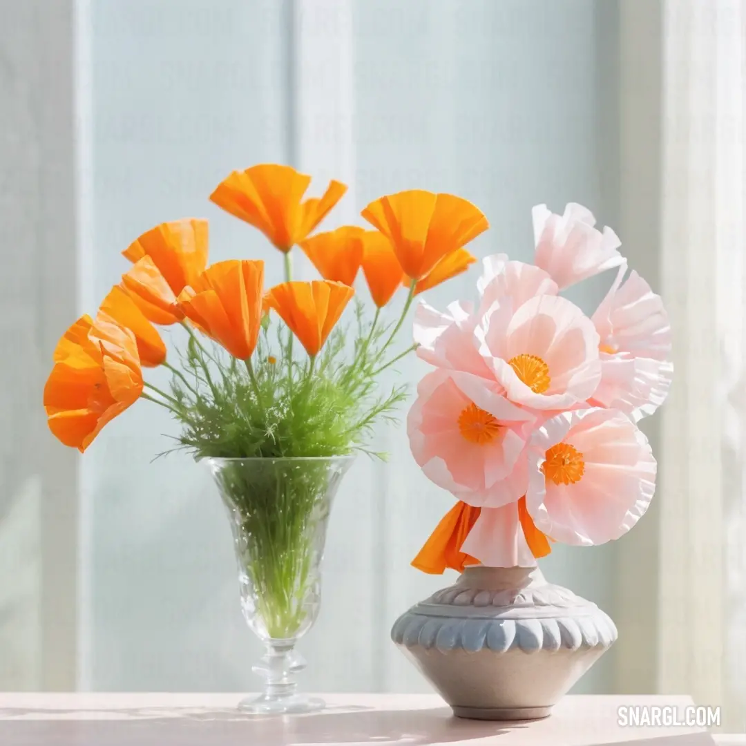 Vase with flowers in it on a table next to a window sill with a vase of flowers. Example of #FFA700 color.