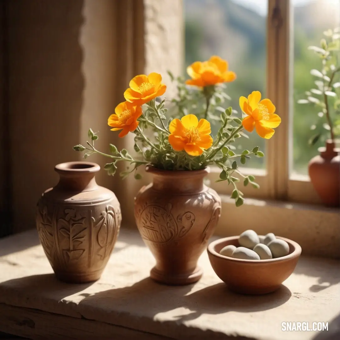 Vase with flowers and rocks in it on a window sill next to a bowl of rocks. Example of #FFA700 color.