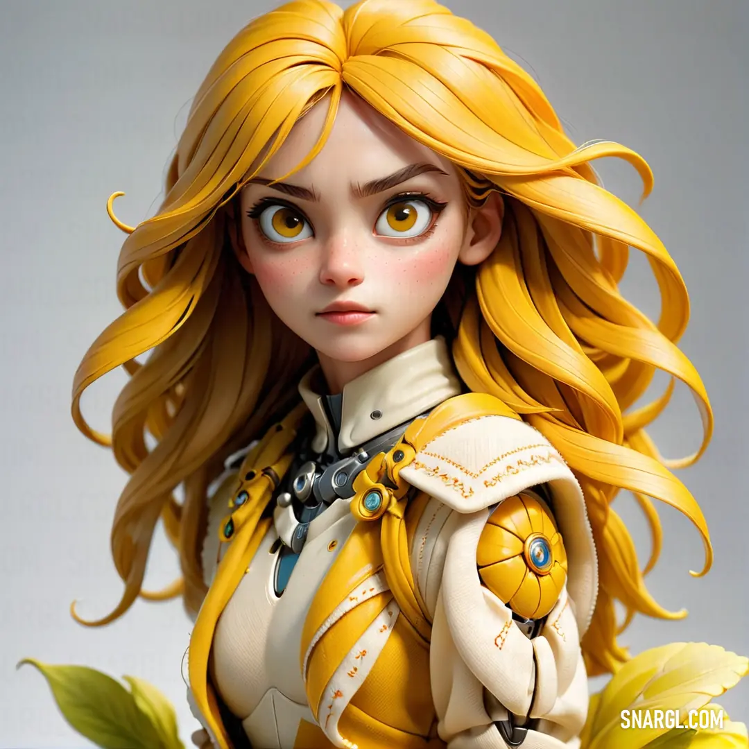 Close up of a doll with long blonde hair and a yellow dress with a flower in her hand. Example of #FFA700 color.