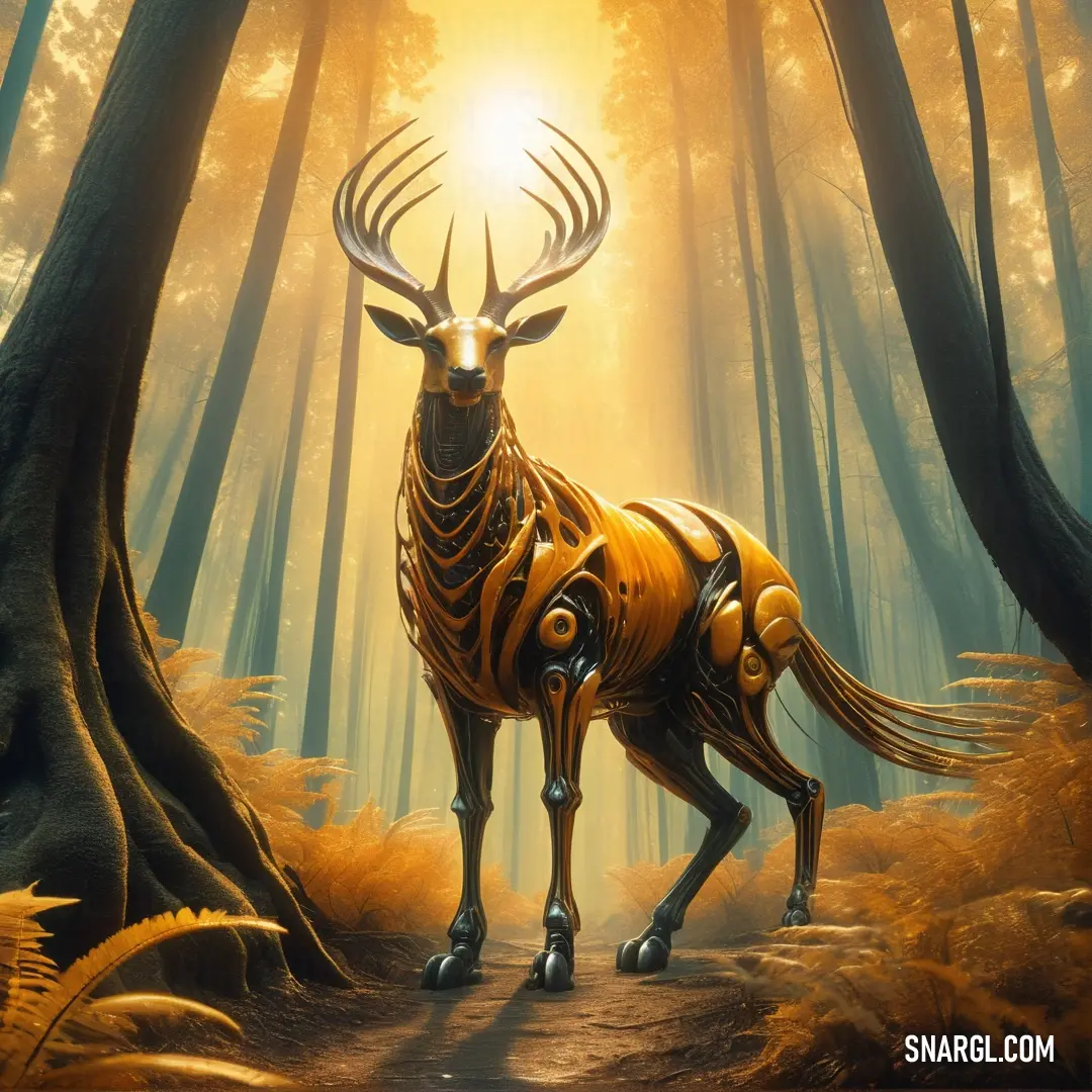 Deer with a golden body standing in a forest with tall trees and sun shining through the trees behind it. Color Chrome yellow.