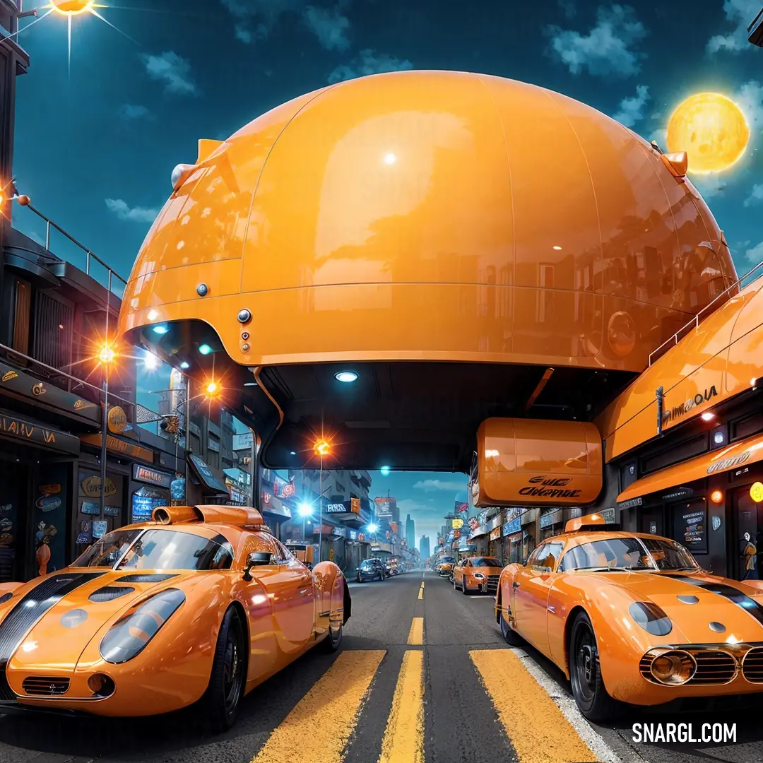 Group of cars parked in front of a building at night time with a giant orange object above them
