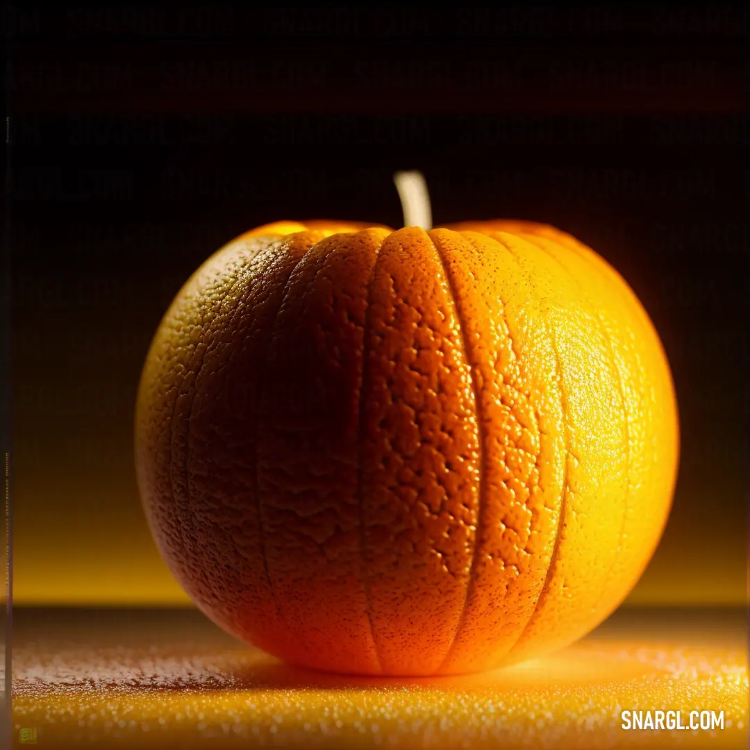 Orange on a table with a light shining on it's surface and a shadow of the orange. Color #FFA700.