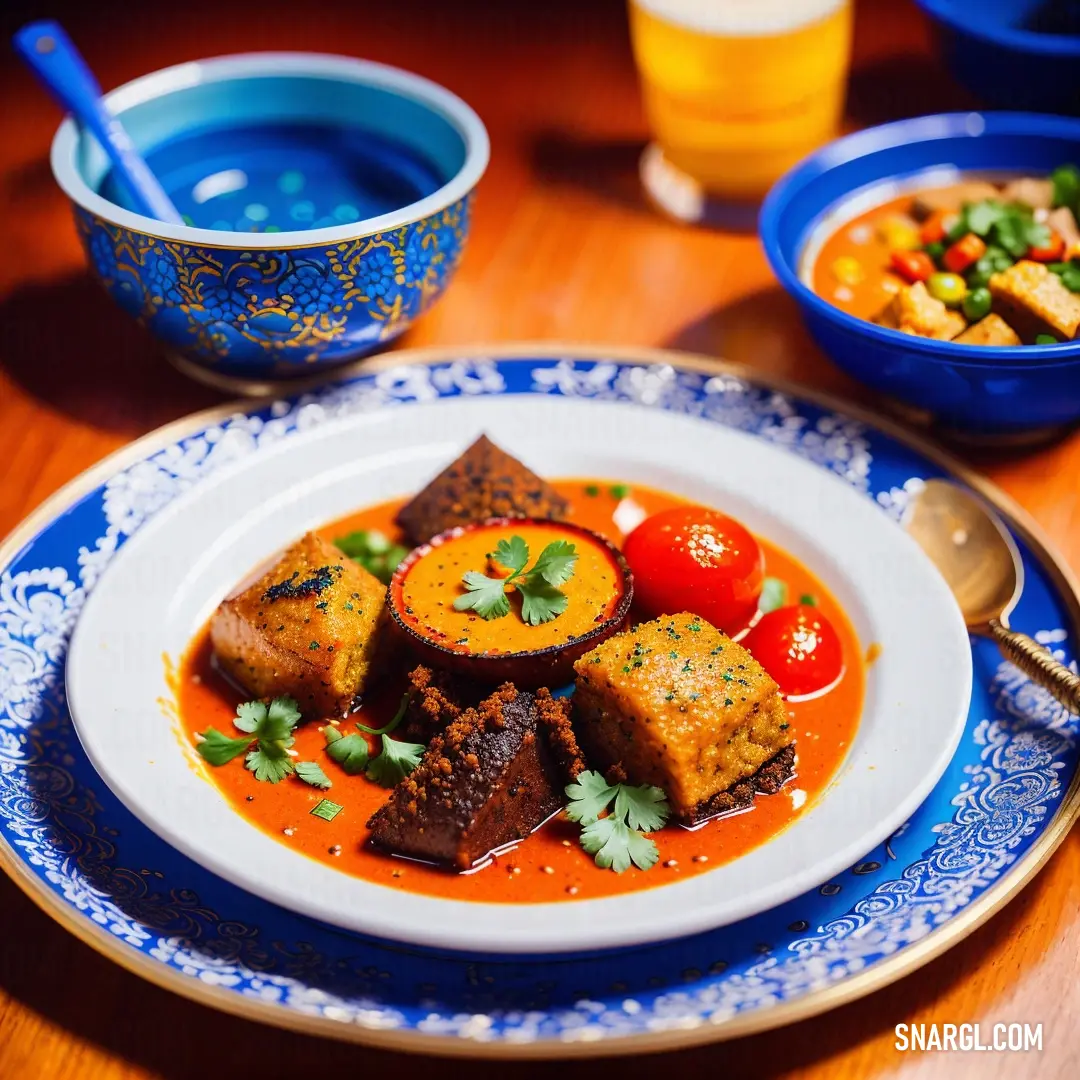 Plate of food with a bowl of soup and a glass of beer on the side of the plate. Color Chrome yellow.