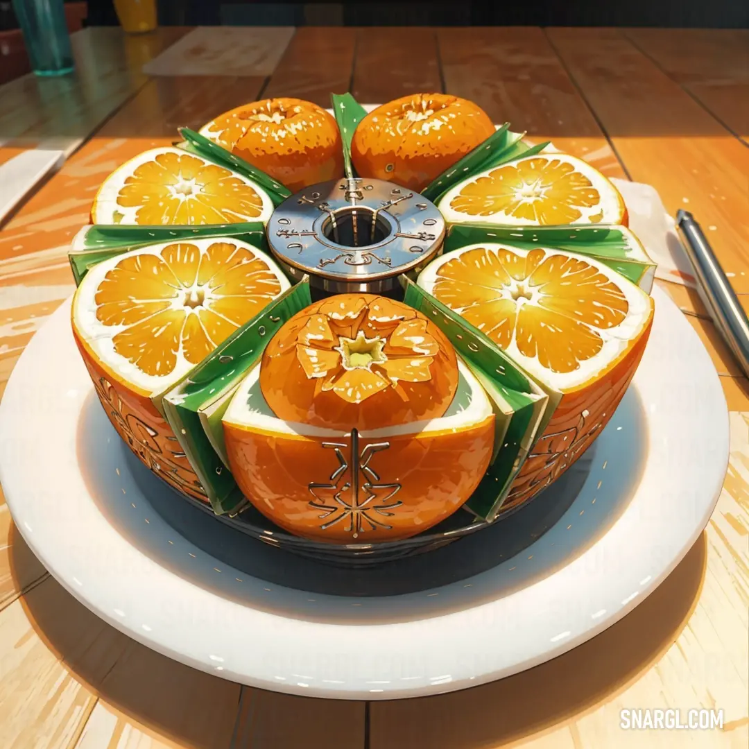 Plate with a fruit display on it on a table with a knife and fork next to it and a knife and fork. Example of RGB 255,167,0 color.