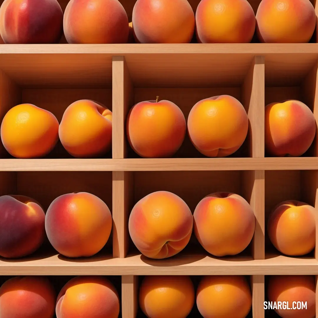 Shelf filled with lots of different types of fruit on it's sides and a few peaches on the other side. Example of Chrome yellow color.