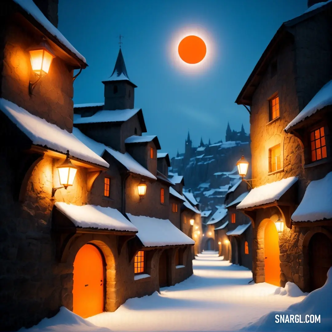 Snowy street with a full moon in the sky above it and a building with a clock on it. Example of CMYK 0,35,100,0 color.