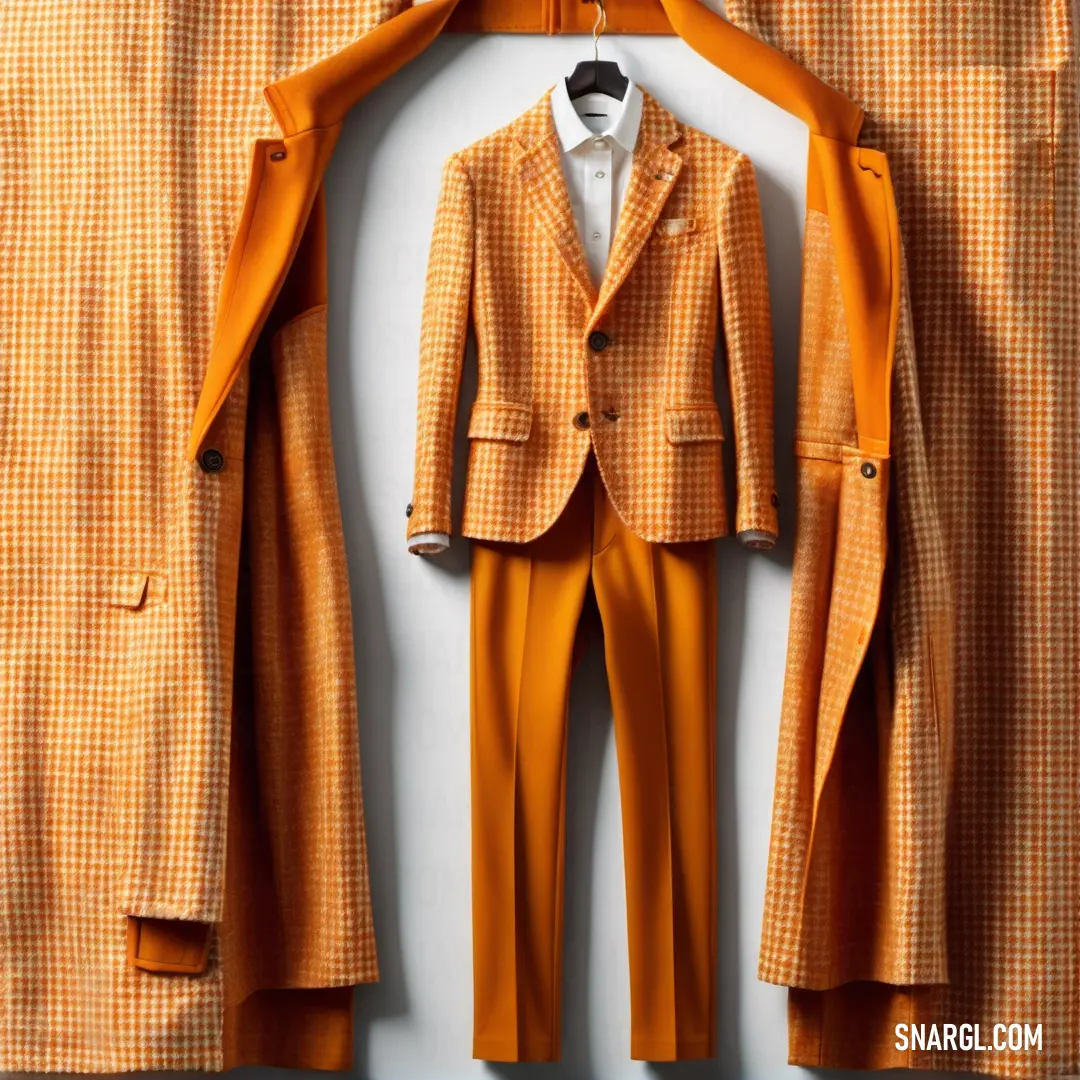 Suit and tie hanging on a wall next to a coat rack with a suit on it and a jacket hanging on a hanger. Color Chrome yellow.
