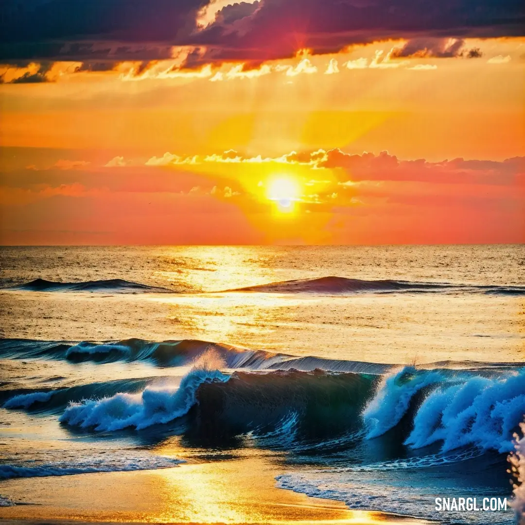 Sunset over the ocean with waves crashing in front of it and a bright sun shining through the clouds