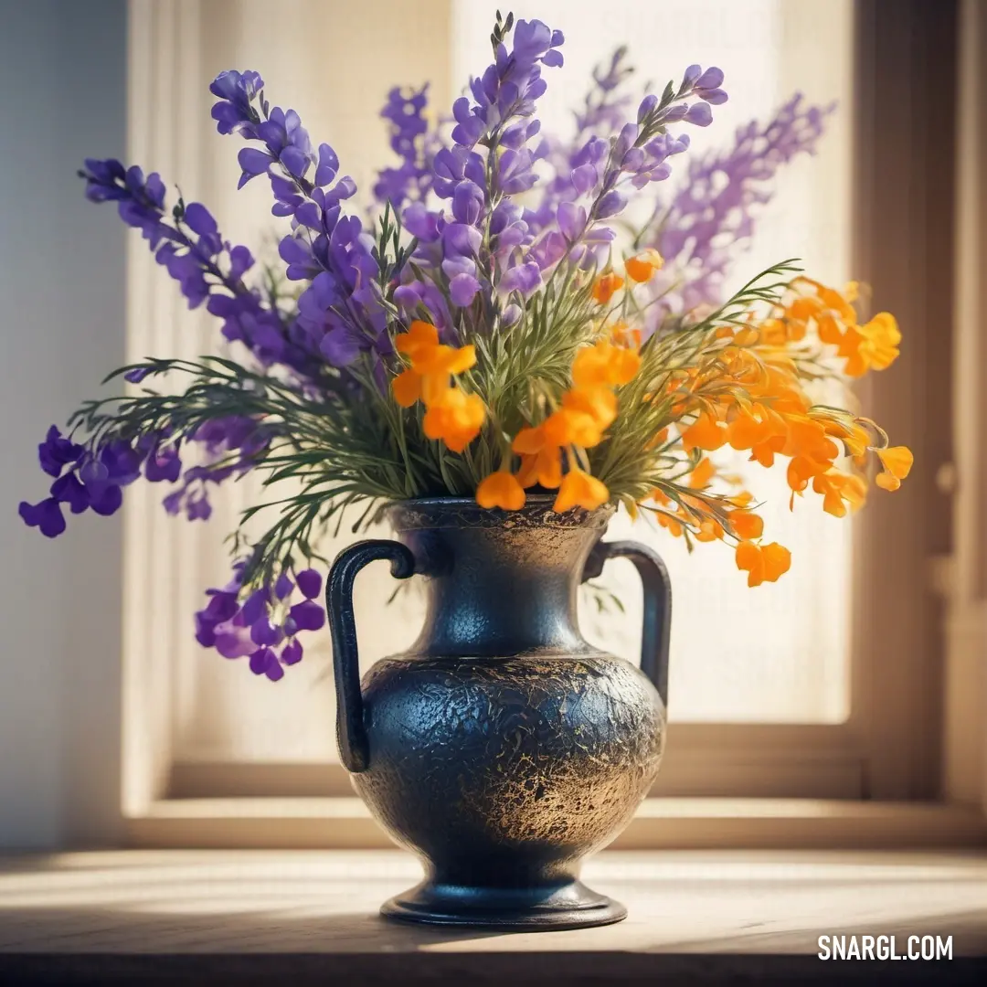 Chrome yellow color. Vase with flowers in it on a table next to a window sill