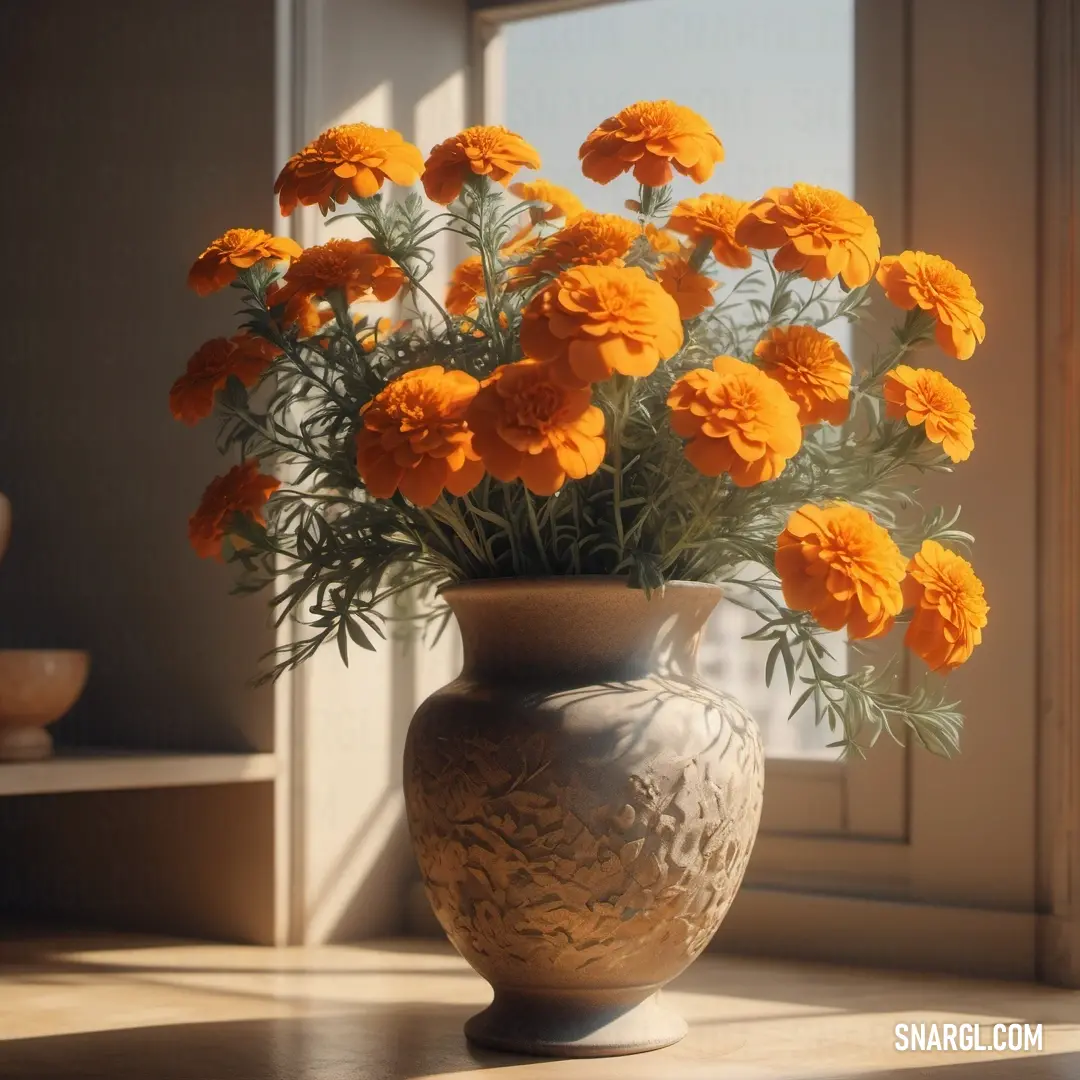 Vase with some flowers in it on a table near a window sill. Example of RGB 255,167,0 color.