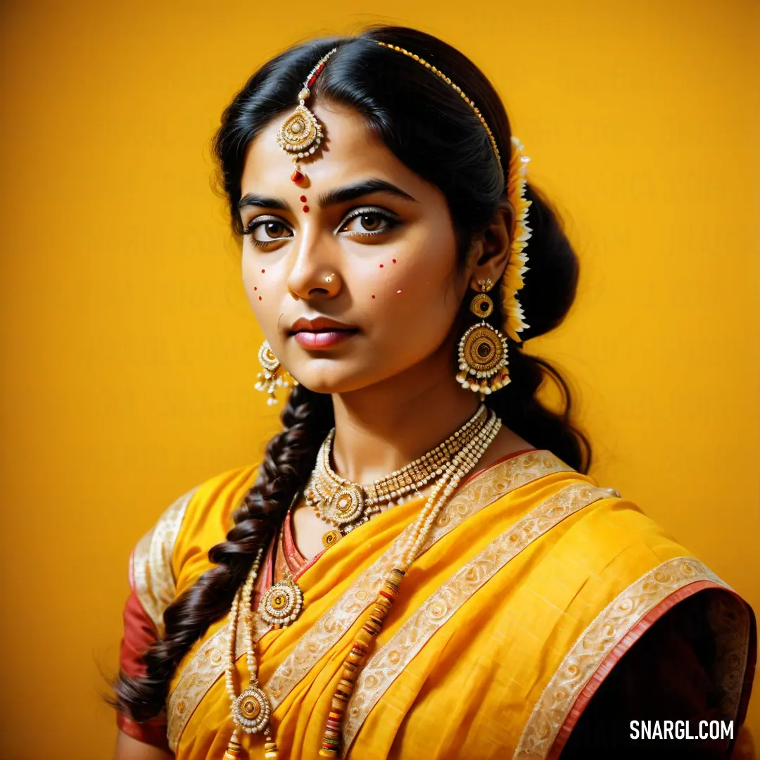 Woman in a yellow sari with a braid and a necklace on her neck and a yellow background. Color RGB 255,167,0.