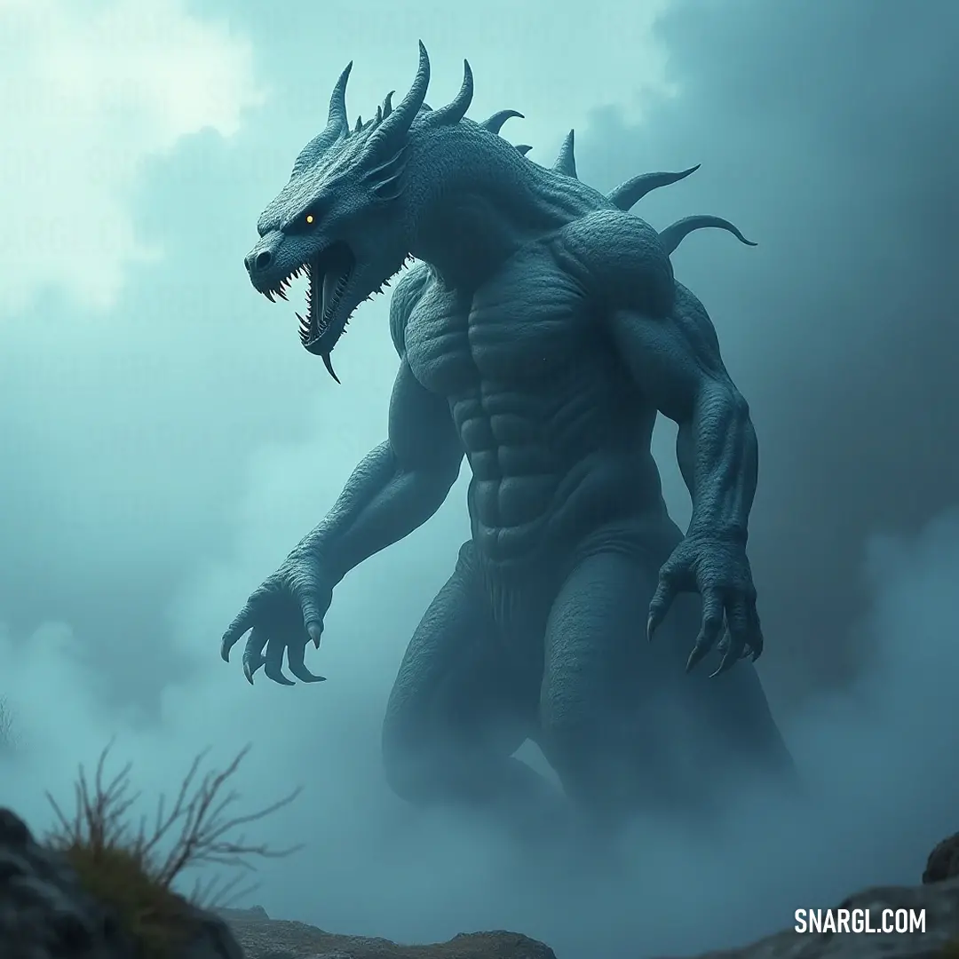 Chthonius, a mythical entity adorned with formidable horns and a mouth wide enough to echo thunder, stands amidst swirling fog, channeling the essence of the dark void that surrounds him. Emerging from the fog, Chthonius stands with powerful horns and a gaping mouth, silhouetted against the sky. His imposing figure exudes an unearthly strength, drawing attention as he navigates the misty terrain, ready to strike fear into hearts.