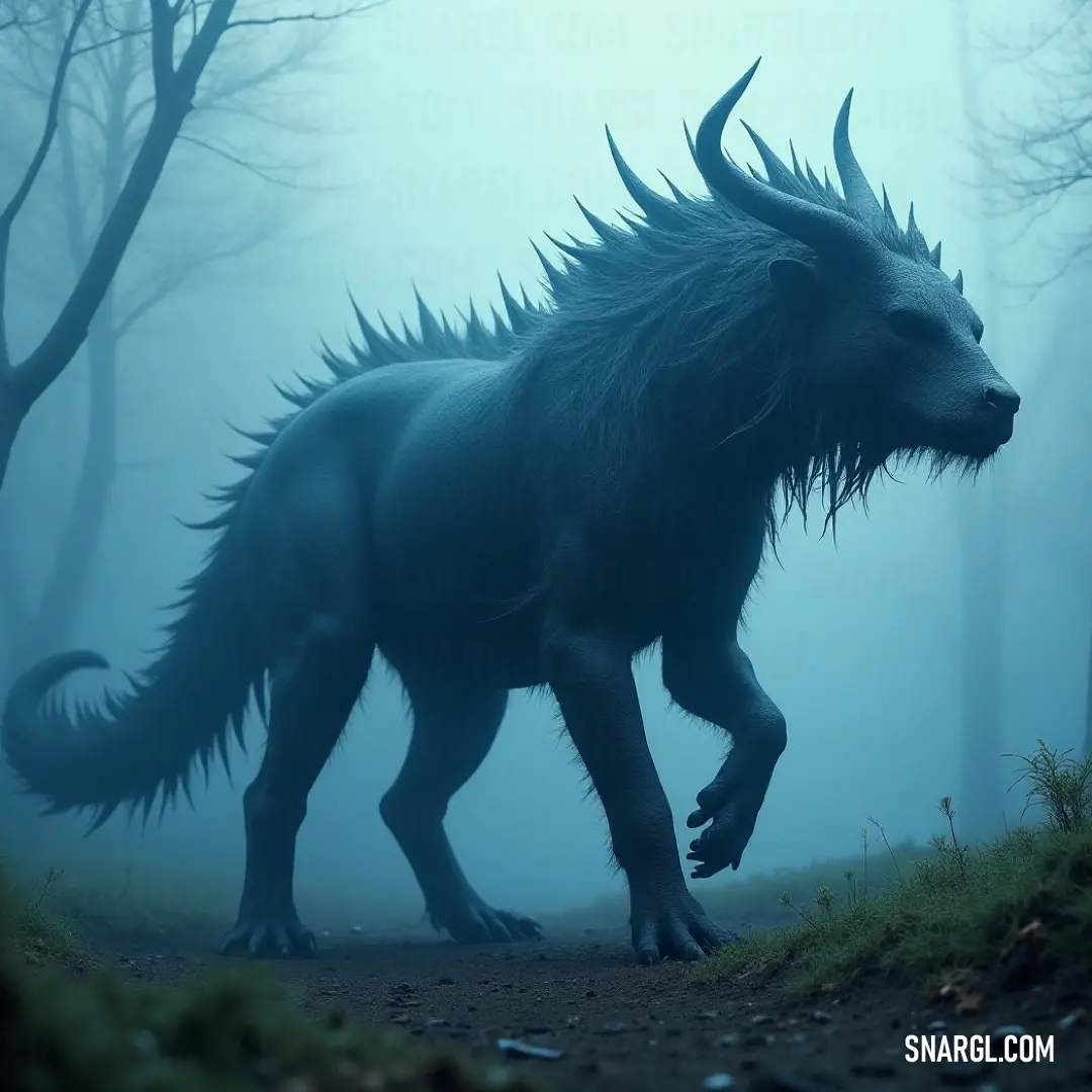 A giant Chupacabra Rex stalks a foggy forest path, surrounded by dense trees and mist. A large, furry Chupacabra Rex walks slowly down a dirt road in a foggy forest. Dense trees and thick bushes line the path, their forms almost hidden in the fog, as the creature’s massive shape looms ahead.