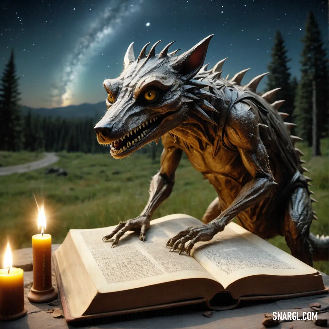 Book with a Chupacabra statue on top of it next to a candle and a book