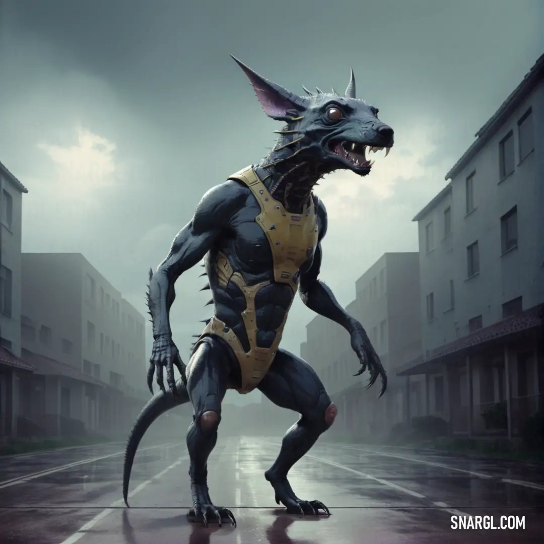 Chupacabra with a yellow and black outfit on a city street with buildings in the background and a dark sky