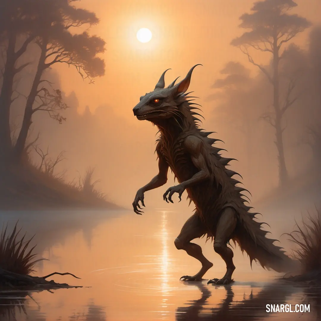 Chupacabra with horns and a body of water in front of a sunset with trees and bushes in the background