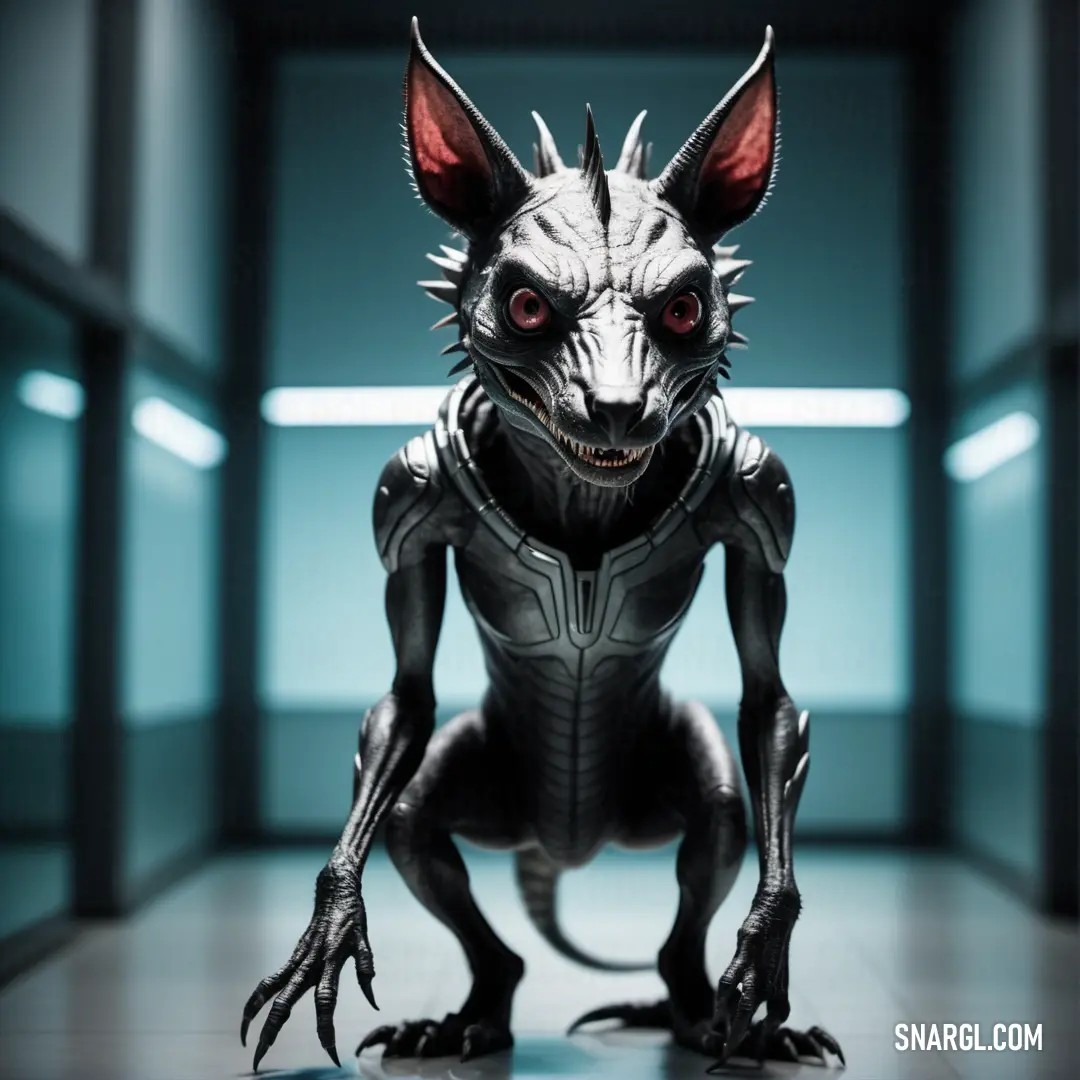 Chupacabra with red eyes and a black body is standing in a hallway with a blue light behind it