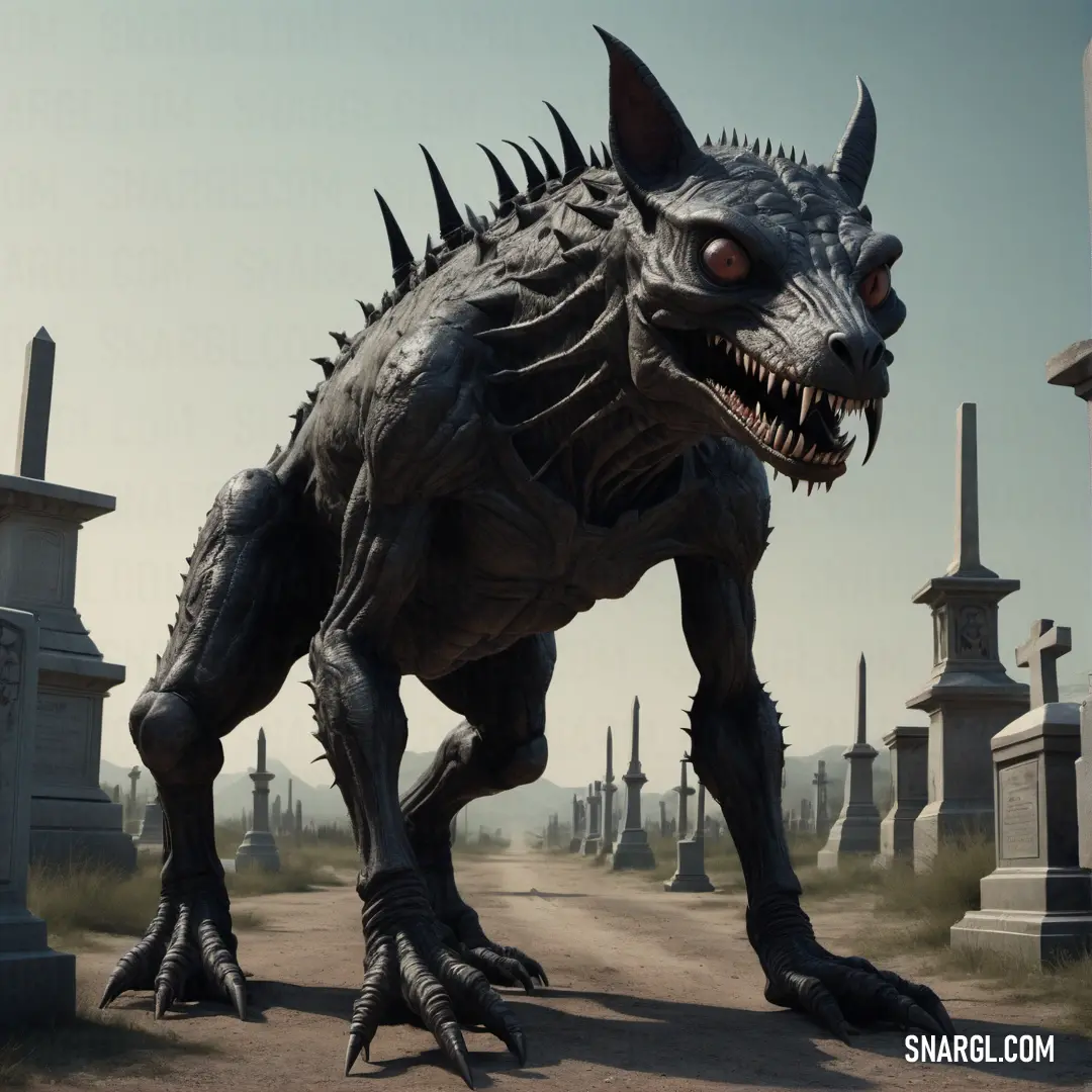 Creepy Chupacabra standing in a cemetery with a lot of heads and spikes on it's body and legs