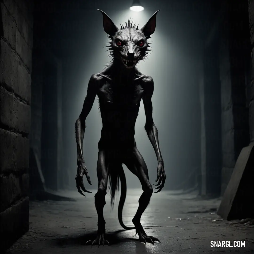 Creepy Chupacabra with red eyes and a black body is standing in a dark alley way with a light on