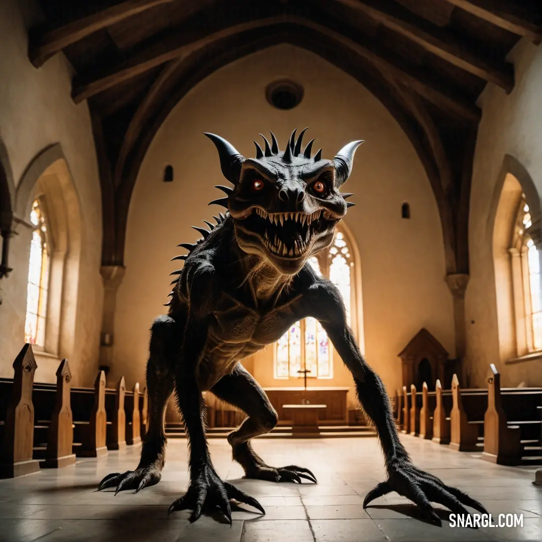 Creepy looking Chupacabra in a church with a large window behind it and a gothic - style ceiling and stone floor