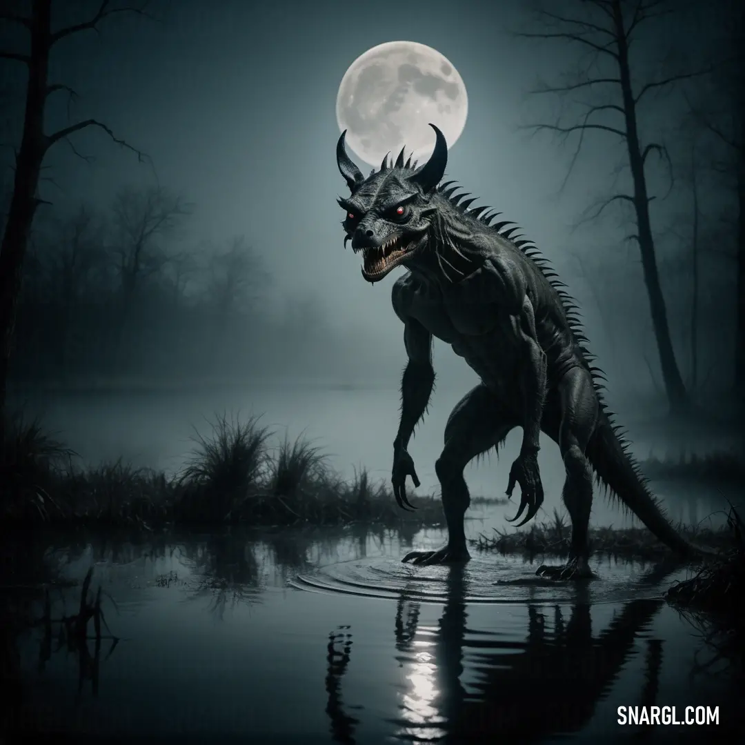 Creepy Chupacabra is walking through the water at night with a full moon in the background and a dark forest