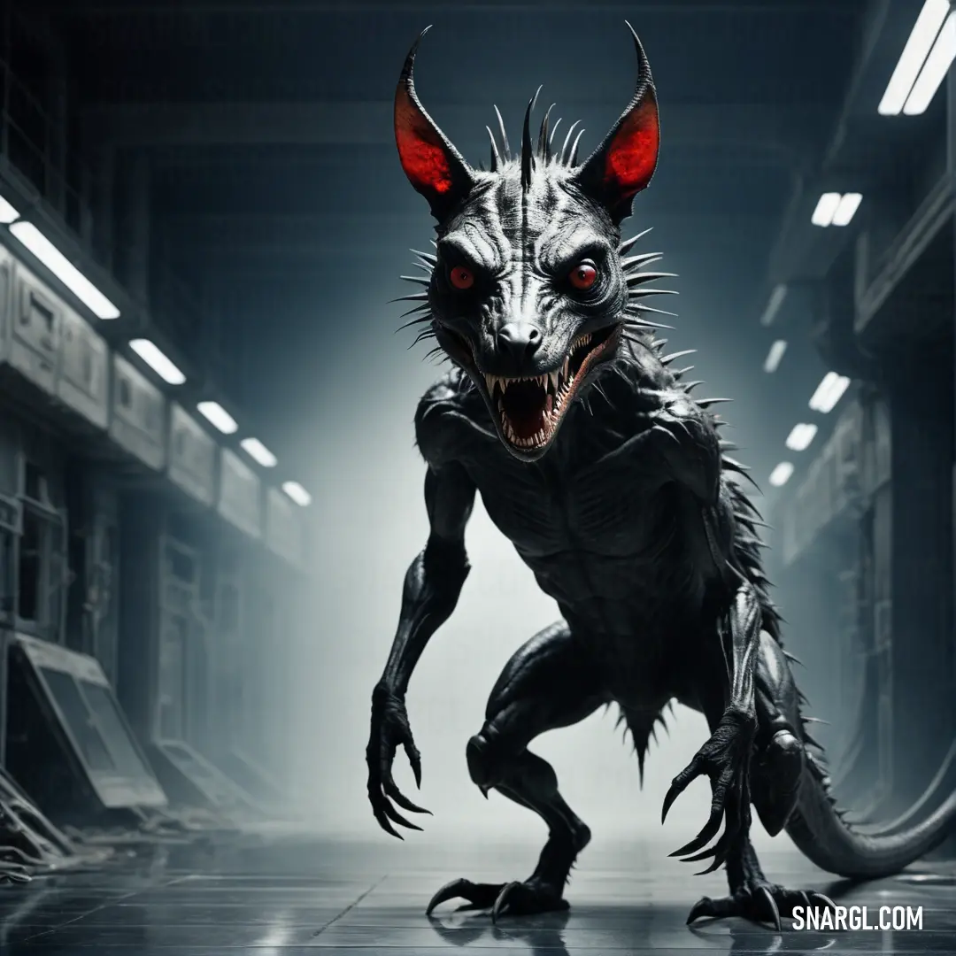 Demonic Chupacabra with red eyes and a black body is standing in a dark room