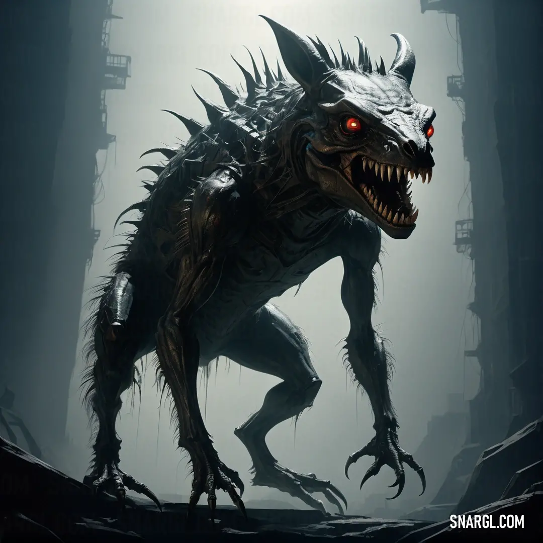 Demonic Chupacabra with red eyes and sharp teeth in a dark forest with fog and light from the ceiling