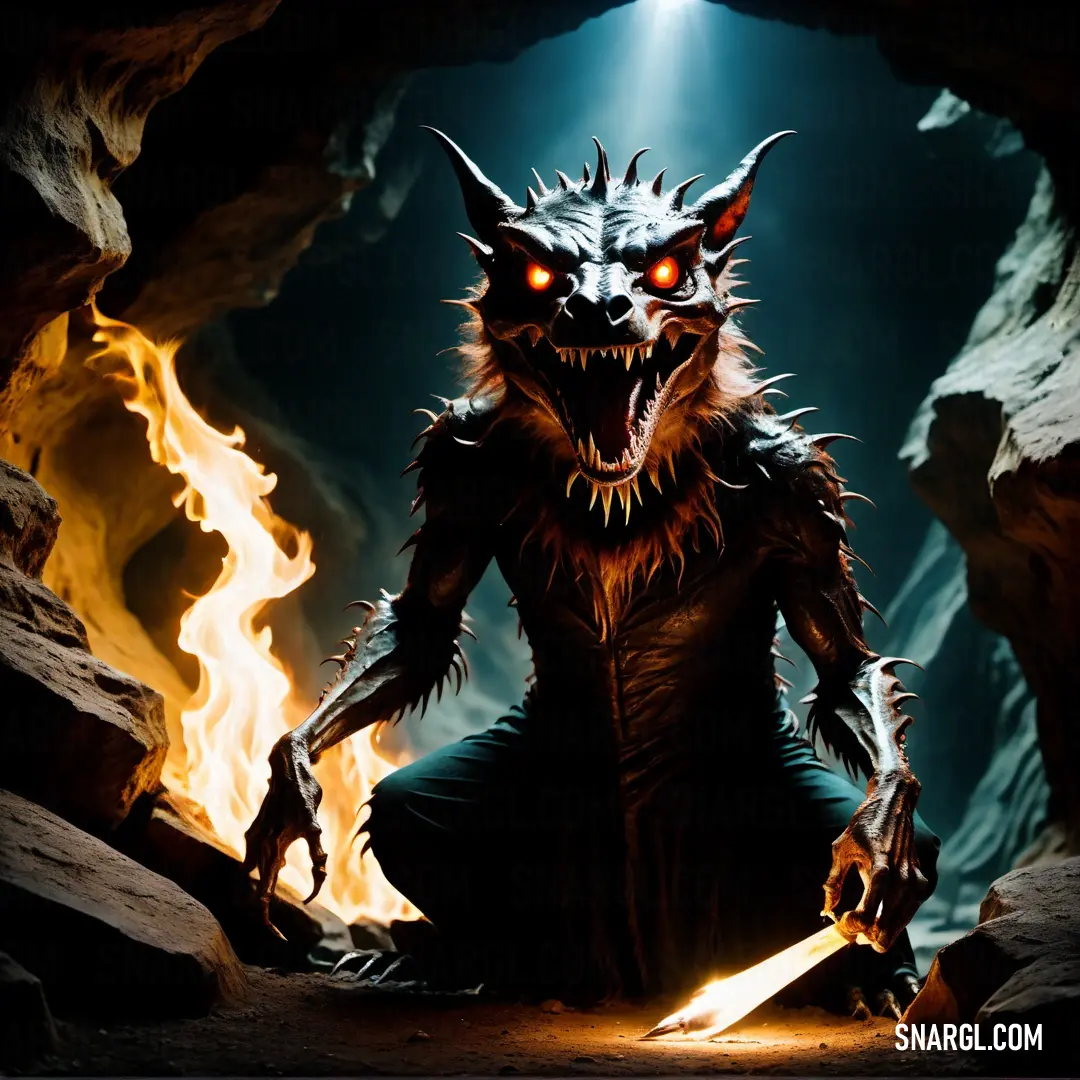 Demonic Chupacabra with glowing eyes and horns in a cave with a sword in his hand