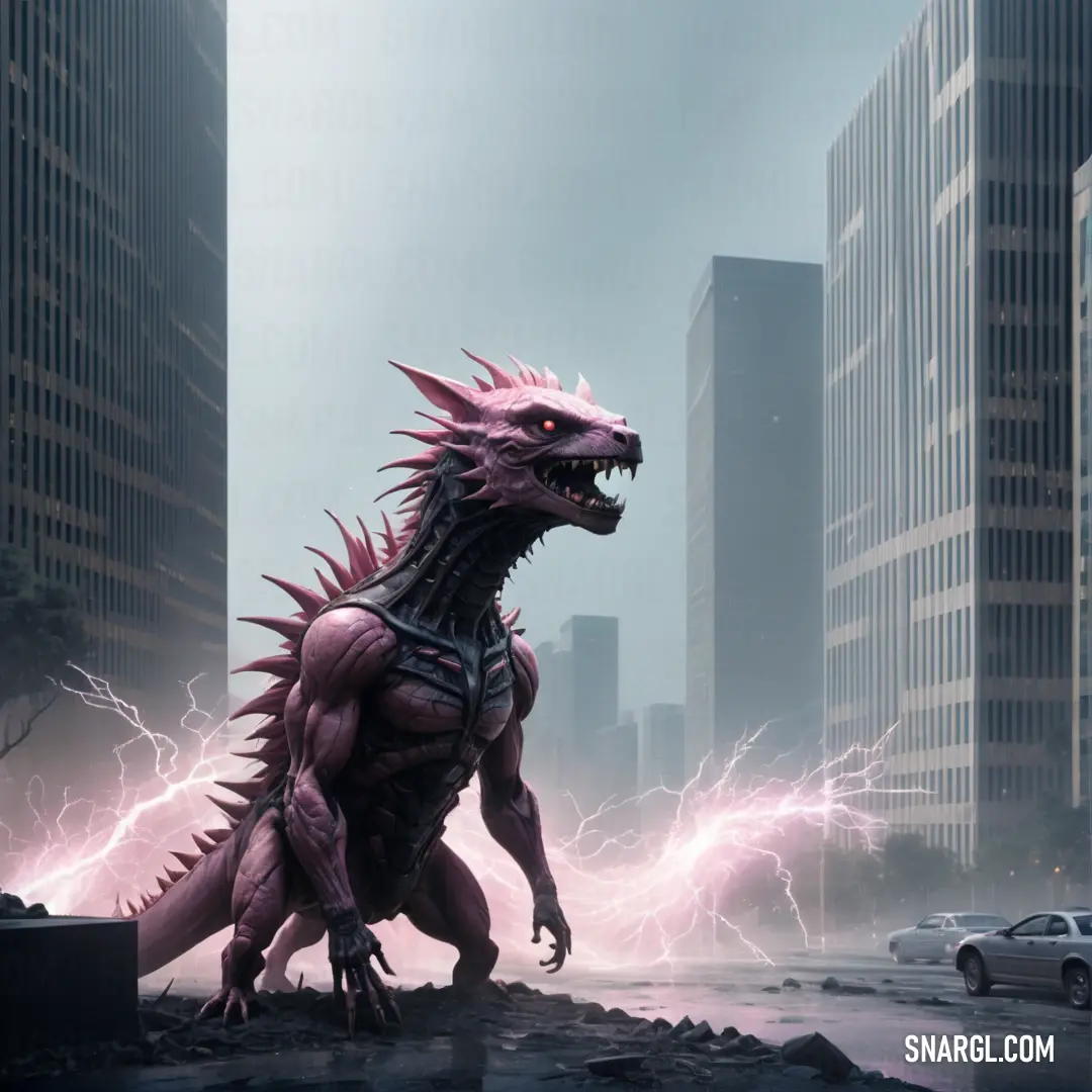 Chupacabra with pink hair standing in a city street with lightning in the background and a car driving by