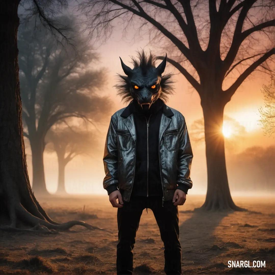 Chupacabra wearing a Chupacabra mask standing in a field with trees in the background at sunset or dawn with a foggy sky