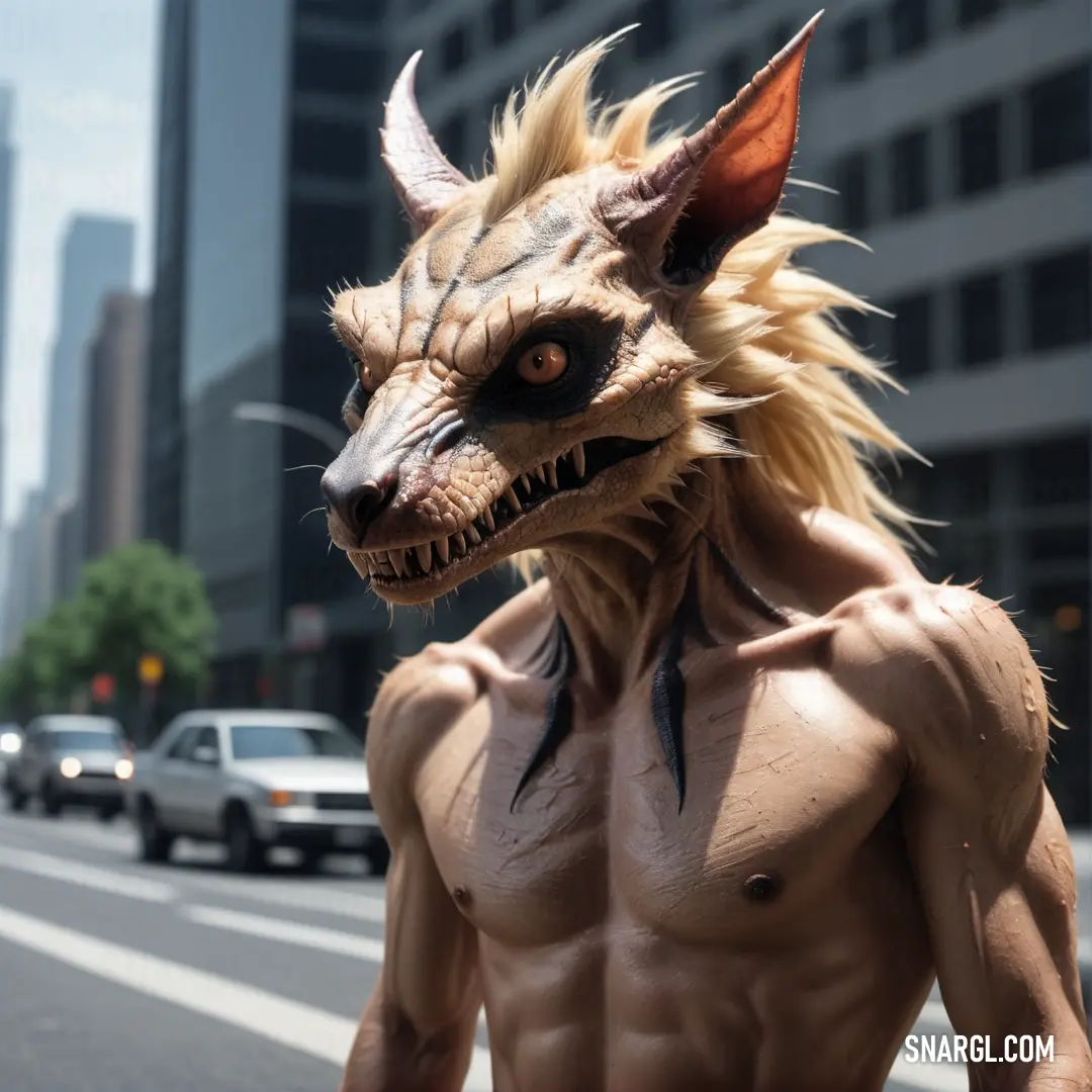 Man with a Chupacabra mask on walking down a street with a car behind him and a building in the background